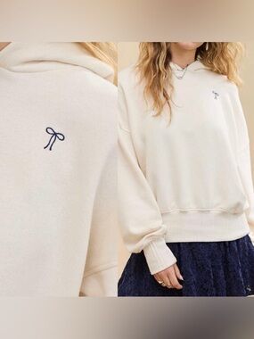 Aerie Real Good Everyday Fleece Hoodie Bow Embroidered Cropped Size Small